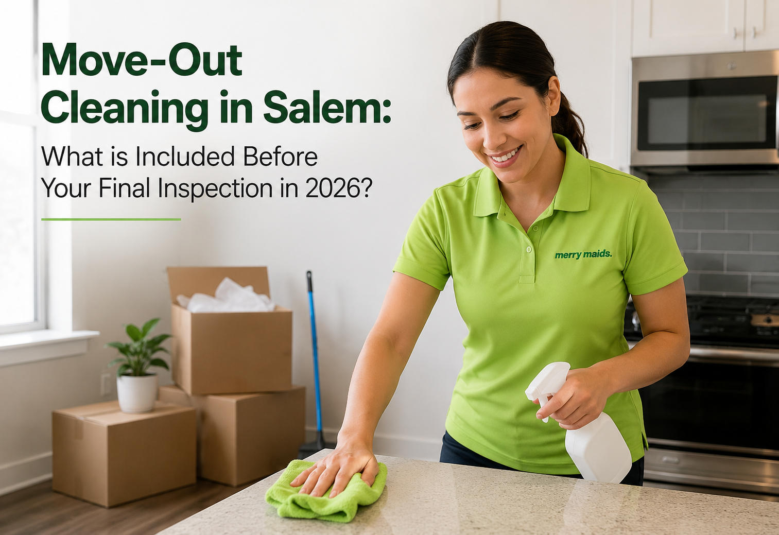 Professional move out cleaning Salem service preparing a rental home kitchen, bathroom, walls, floors, and hard-to-reach areas before final inspection in 2026