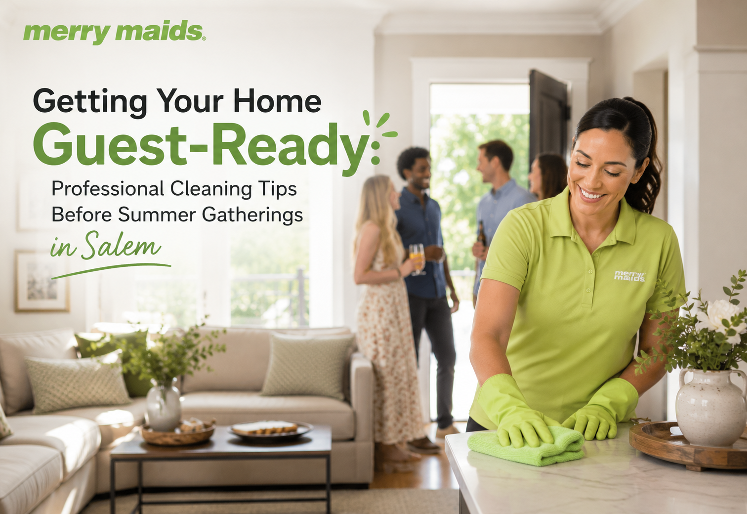 Professional home cleaning Salem before summer gatherings with a spotless living room and kitchen ready for guests